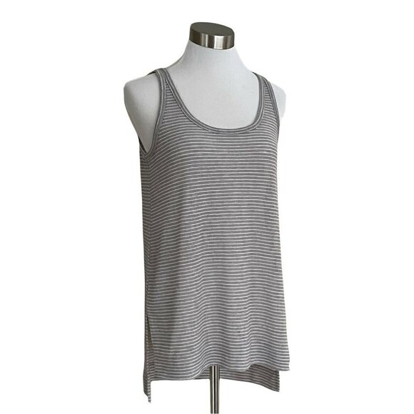 DKNY Women’s Small Knit Tank Gray White Stripe Hi Low Hem Split Side Seam Top - Picture 3 of 5